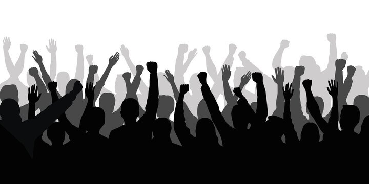 Silhouette of a crowd of people with hands in the air - show spectators, sport fans, protest, demonstration, music festival, people cheering illustration on transparent background
