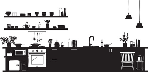 Black and white silhouette of a modern kitchen interior with various appliances and furniture