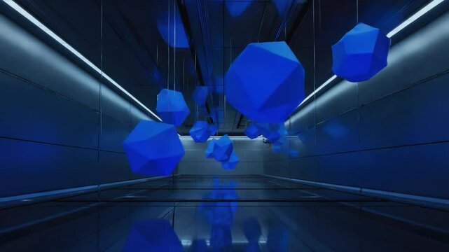 Geometric blue objects hanging in a modern space.
