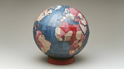Globe shows world continents in colored segments on a stand isolated on neutral background