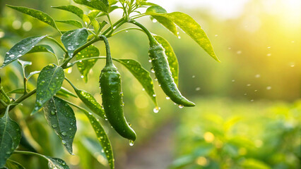 Green Chilies in field, Green Chilies with water drop in field in natural Background, Green Chilies...