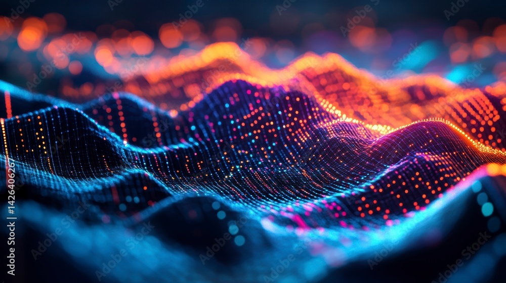 Wall mural abstract digital landscape with glowing particles forming undulating waves in vibrant colors.