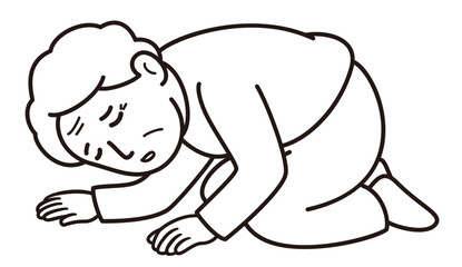 意識を失ってうずくまるおばあさんのモノクロ線画ベクターイラスト(Monochrome Line Vector Illustration of an Elderly Woman Unconscious and Slumped Over)