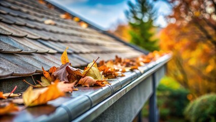 Autumn leaves collected in a residential gutter system