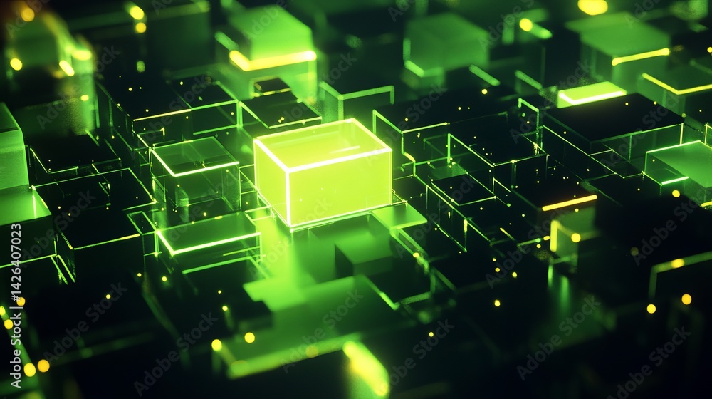 Poster abstract green neon cubes digital art background futuristic technology glowing blocks modern design 