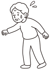 バランスが崩れて倒れそうになり焦るおばあさんのモノクロ線画ベクターイラスト(Monochrome Line Vector Illustration of an Elderly Woman Losing Balance and Nearly Falling)