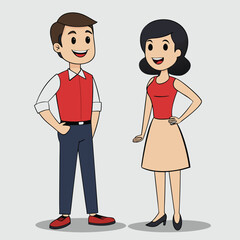 Happy Young Couple Standing Together Cartoon Illustration