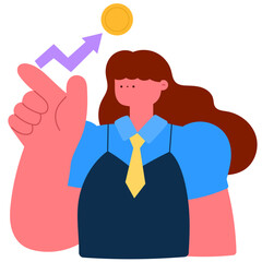 Woman with upward arrow and golden coin, financial growth and investment success flat vector illustration