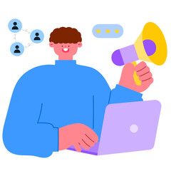 Businessman announces marketing campaign with account and rating icons, concept of communication, branding, and digital success