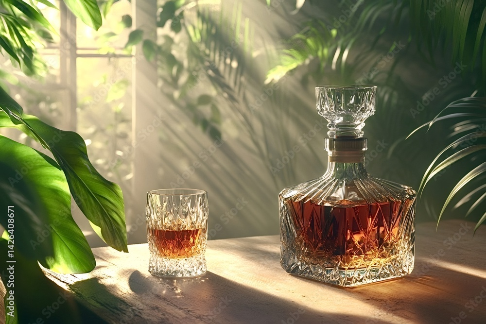 Poster sunbeams filtering through lush foliage illuminate a crystal decanter and a matching glass filled wi
