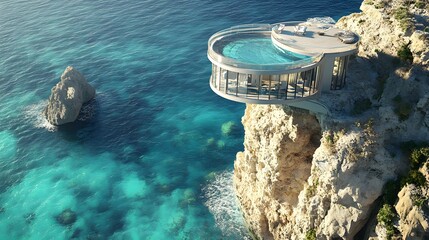 An observation tower with an expansive 360-degree panoramic viewing deck, partially enclosed with transparent glass panels, positioned on a cliff edge overlooking a turquoise ocean – epic and dramatic