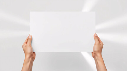 Hands holding a blank white sheet of paper, clean and minimalist background