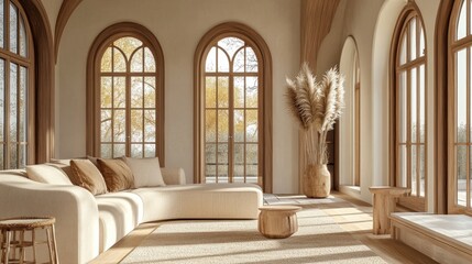 Living room in neutral palette featuring arched windows, beige curved sofa, wood accents, and decorative pampas grass