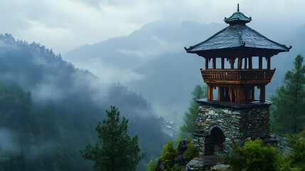 A traditional observation tower with intricate wooden carvings and stone base, used as a historical landmark on a mountain ridge, overlooking a misty valley – romantic and nostalgic tones, fine detail