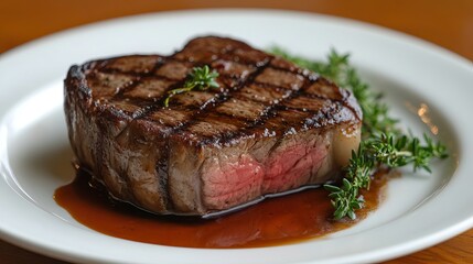 Grilled Beef Steak Delicious Juicy Tender Premium Cut Red Meat Fine Dining Restaurant Food Photography High Quality Image Professional Food Photography Culinary Gastronomy meal herb cook lunch plate  