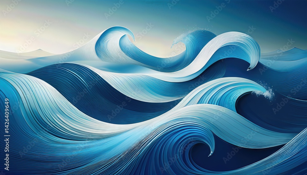 Poster ultrarealistic minimalist waves blue abstraction echoing calm and tranquility in an aesthetic landsc