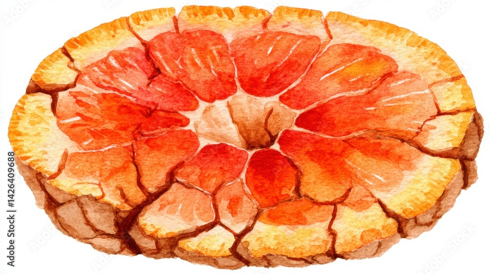 Poster detailed close up of a cross section of a reddish orange disc with radial cracks and a central hole,