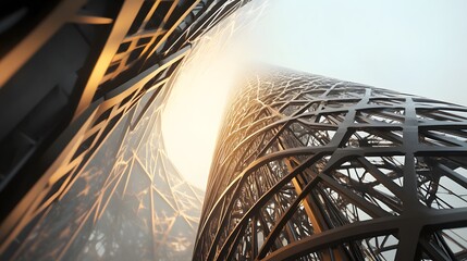 A tall observation tower with a complex lattice steel framework, its geometric patterns creating a striking visual effect as sunlight passes through – industrial aesthetic, high detail