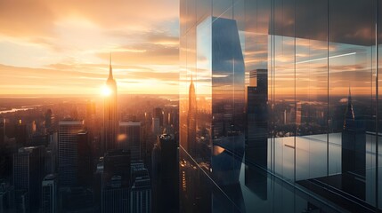 A sleek, modern observation tower with clean lines and sharp angles, made entirely of glass and steel, reflecting the surrounding urban skyline, glowing softly under a golden sunset – ultra-realistic,