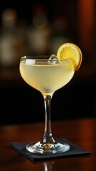 Elegant pale yellow cocktail with ice and lemon slice, served in a coupe glass on a dimly lit bar counter, ideal for a refreshing and classy citrus drink.