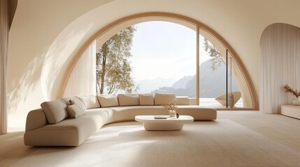 Minimalist living room with a curved sofa and large arched window, bathed in natural light, surrounded by clean lines and simple decor