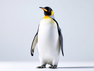 Fototapeta premium Emperor penguin standing on ice, showcasing its black and white feathers and majestic stance.