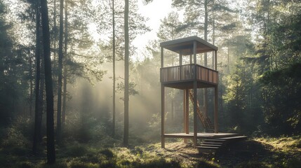 A minimalist wooden observation tower in the middle of a serene forest clearing, with soft morning light filtering through the trees, blending harmoniously with nature – Scandinavian design, peaceful 