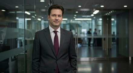 Confident businessman in suit smiles in modern glass office; colleagues in background