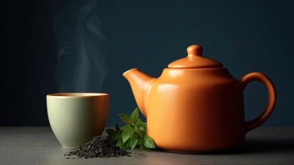 Teapot and a cup of tea on a dark blue background. the tea pot is orange in color and has a lid with a handle on top. it is placed on a grey surface.