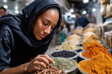 A woman closely examines fragrant spices in a market setting, encapsulating the essence of culinary joy and discovery in an intricate and colorful environment.