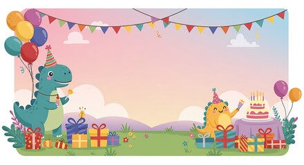 Dinosaur Birthday Party Background with Cake and Gifts for Kids