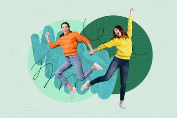 Pop zine full art photo collage of two happy girls dance weekend celebration vibe event chill party discotheque clubbing holiday