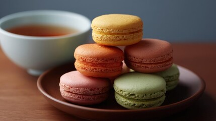 Obraz premium Stack of colorful macarons on a brown plate. there are six macaroons in total, arranged in a pyramid-like shape.