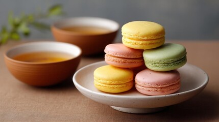 Obraz premium Stack of colorful macarons on a white plate. there are six macaroons in total, each with a different color - yellow, pink, green, and orange.