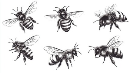 Six detailed illustrations of honeybees in various poses and angles, drawn in monochrome.
