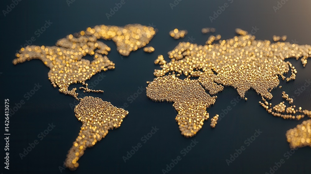 Poster glowing golden particles forming interconnected world map, representing global networking and intern