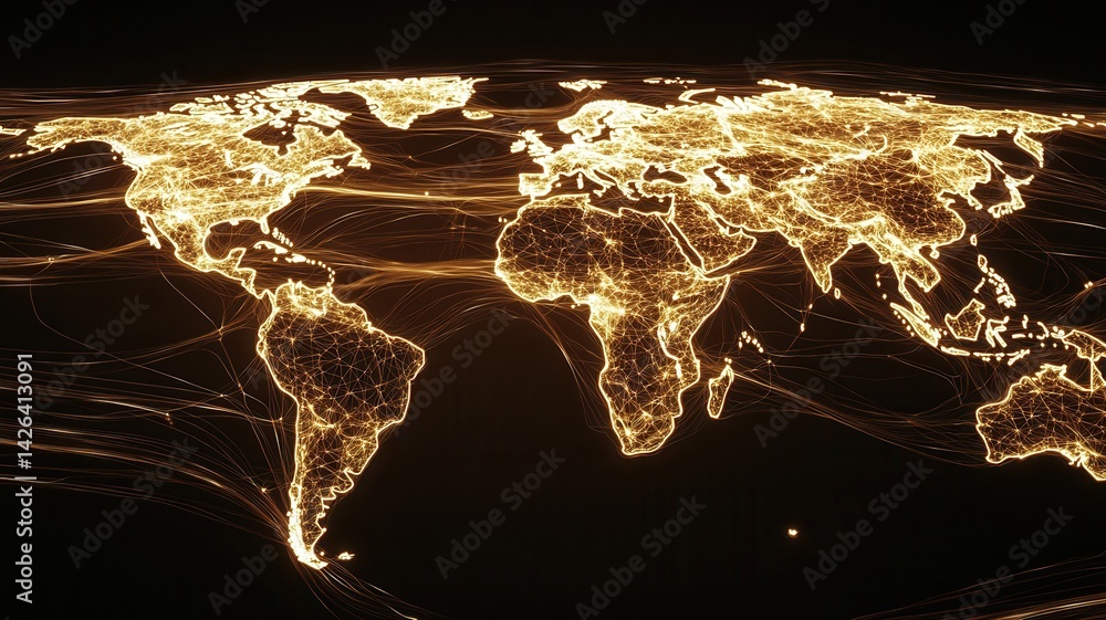 Poster glowing golden particles forming interconnected world map, representing global networking and intern