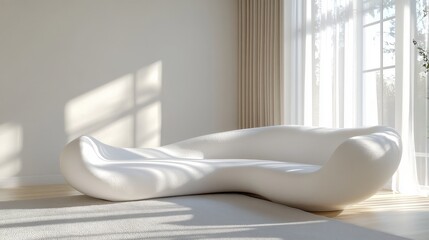 Relaxed interior featuring a white modern sofa and armchair with flowing curves and soft textures in a sunlit room