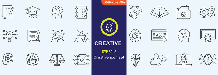 Creativity icon set. Containing inspiration, imagination, design, idea, creative, improvisation, sketching, brainstorming and more. Solid vector icons collection.