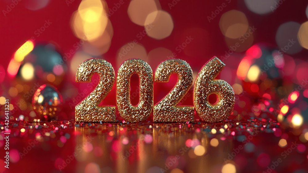 Poster metallic golden 3d numbers 2026 floating on bright red backdrop, complemented by gleaming golden orb