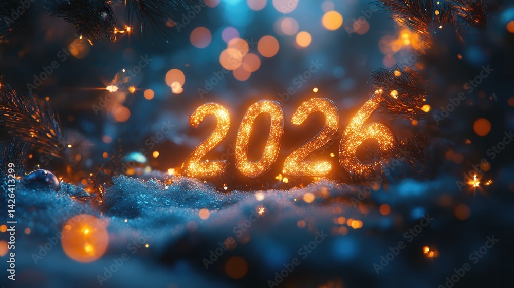 Poster Sparkling golden glitter creating 2026 numerals against dark shimmering backdrop with luminous golden bokeh highlights