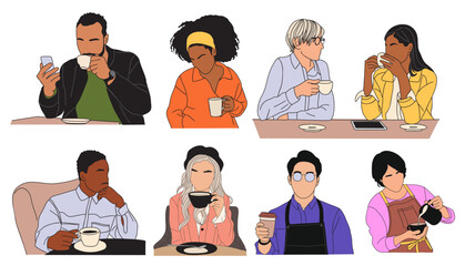 Set of Different business people drinking coffee, tea. Men, women working, talking by phone with cup of hot beverage drink. Barista pouring coffee. Colored outline vector drawing isolated.