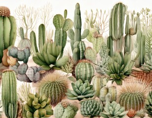 Fototapeta premium Seamless Watercolor Pattern with Cacti, Succulents, and Desert Elements in Earthy Tones on White Background..