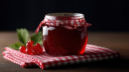 Glass jar filled with a red-colored jam or jelly. the jar is placed on a red and white checkered napkin on a wooden table.
