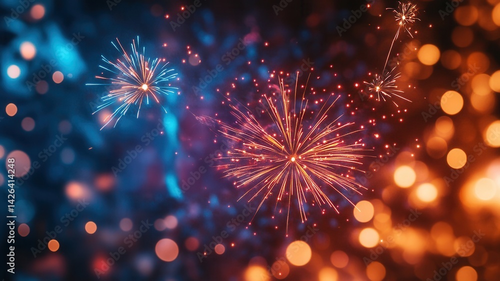 Poster bright and colorful fireworks exploding in the night sky with bokeh effect, celebrating new year's e
