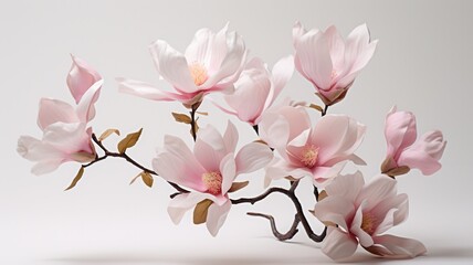 Obraz premium Pink magnolia flowers and buds blooming on a branch against a white background, celebrating the beauty of nature and the arrival of spring
