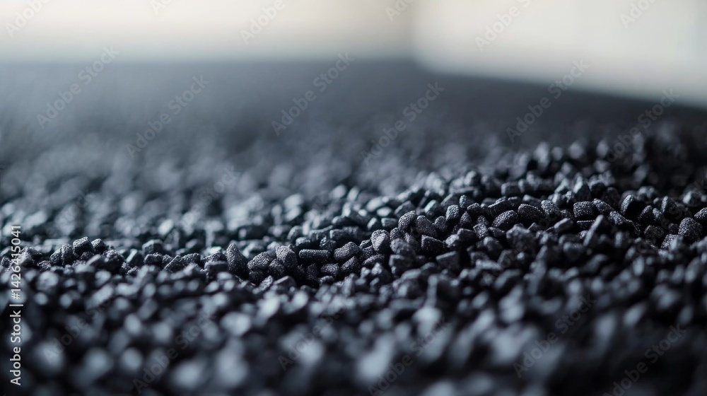 Poster Close-up shot captures the intricate textures of black plastic granules set on a clean white surface, emphasizing their unique properties and form