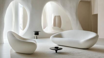Stylish bright room featuring a modern white upholstered sofa and armchair with smooth curved lines and cozy ambiance