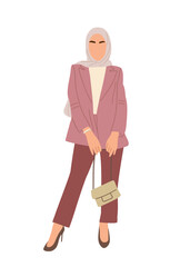 Stylish muslim business woman wearing modern smart casual outfit and hijab. Pretty girl in fashionable office look. Vector realistic female character isolated on transparent background.