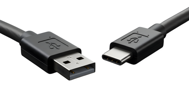 Close up of usb type a and usb type c connectors on dark surface png, jpeg, jpg, transparent background, white background. isolated on transparent background